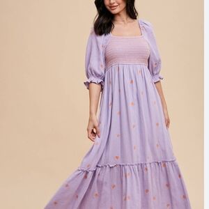 NWT In Loom Lavender Embroidered Smocked Boho Maxi Dress Size M